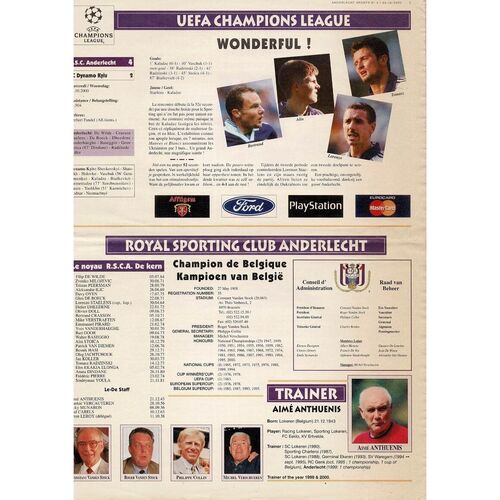 Anderlecht v Manchester United Champions League Football Programme 2000/01