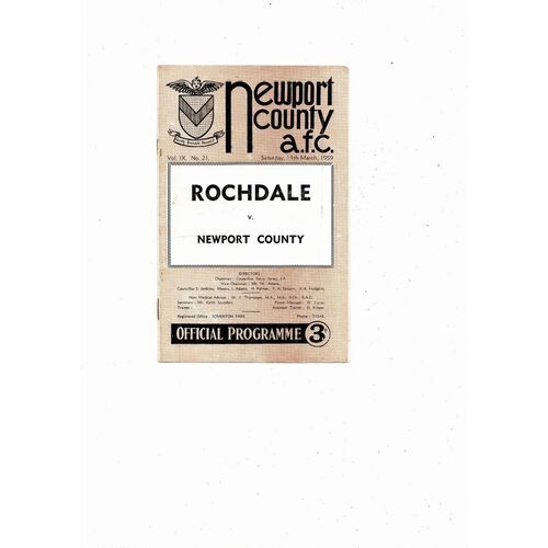 1958/59 Newport County v Rochdale Football Programme