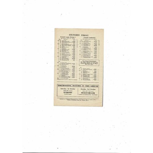 Chelsea v Portsmouth Football Combination Programme 1960/61