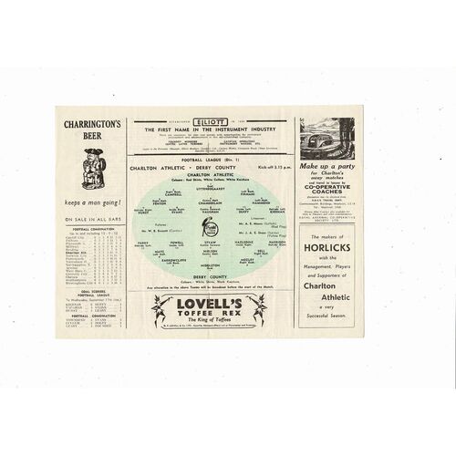 1952/53 Charlton Athletic v Derby County Football Programme