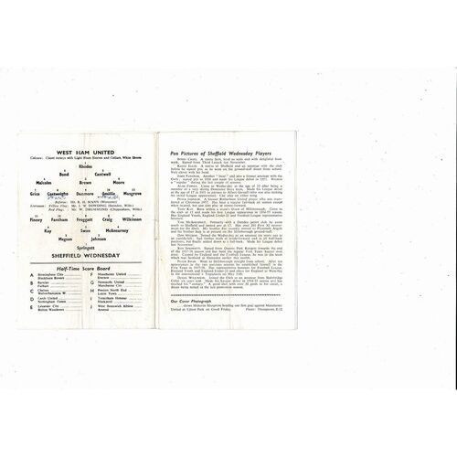 1959/60 West Ham United v Sheffield Wednesday Football Programme
