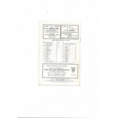 1956/57 Newport County v Watford Football Programme