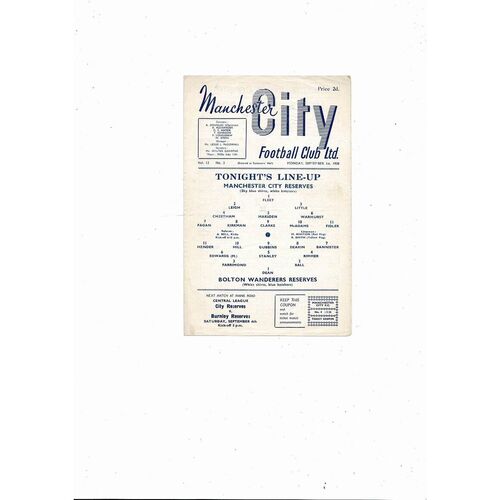 Manchester City v Bolton Wanderers Reserves Football Programme 1958/59