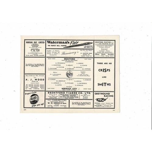 1955/56 Brentford v Norwich City Football Programme