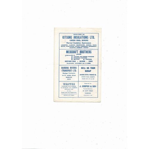 1960/61 Barking v Wycombe Wanderers Isthmian League Football Programme