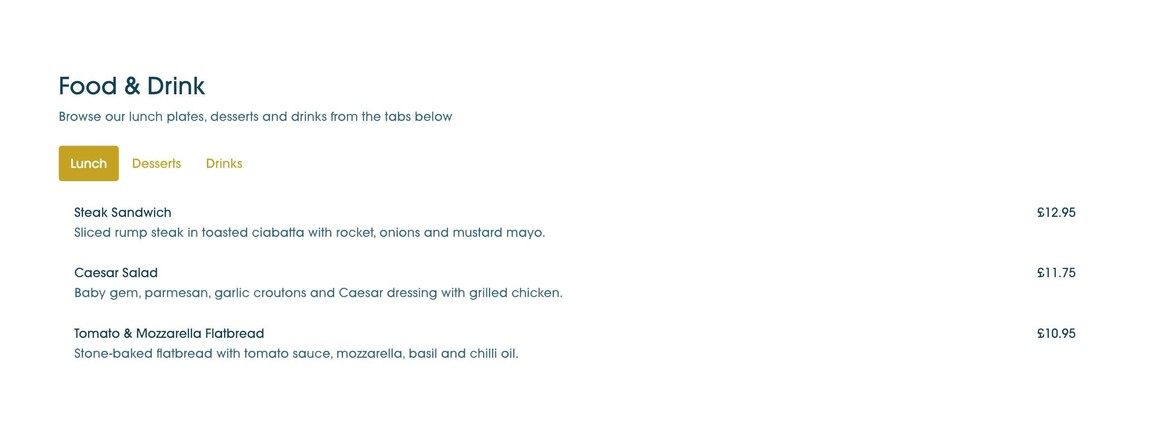 Screenshot of the Tabbed Price List element in Webfactory's Website Editor