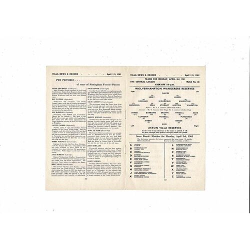 1960/61 Aston Villa v Nottingham Forest & Wolves Reserves Double Programme