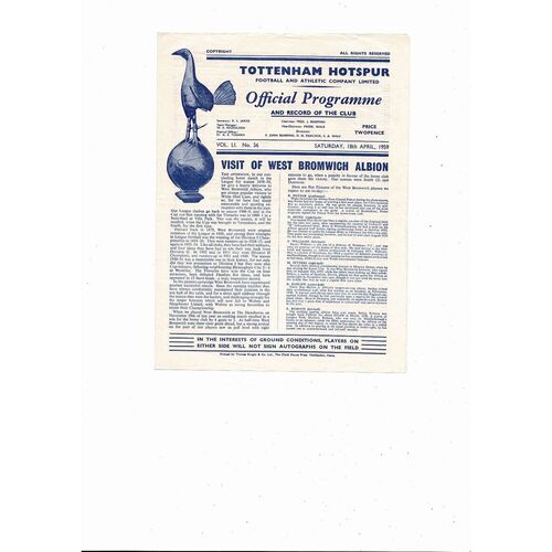 1958/59 Tottenham Hotspur v West Bromwich Albion Football Programme