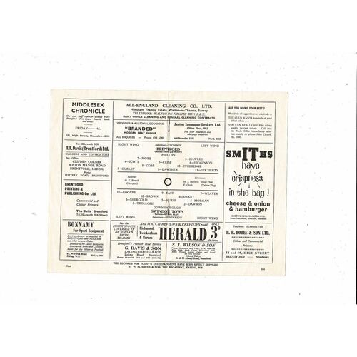 1965/66 Brentford v Swindon Town Football Programme