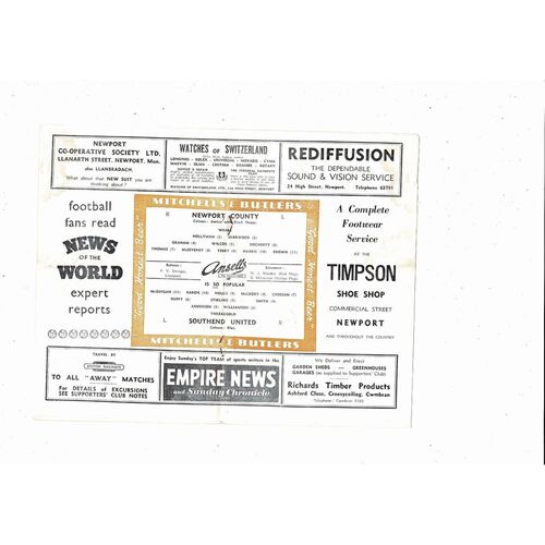 1957/58 Newport County v Southend United Football Programme