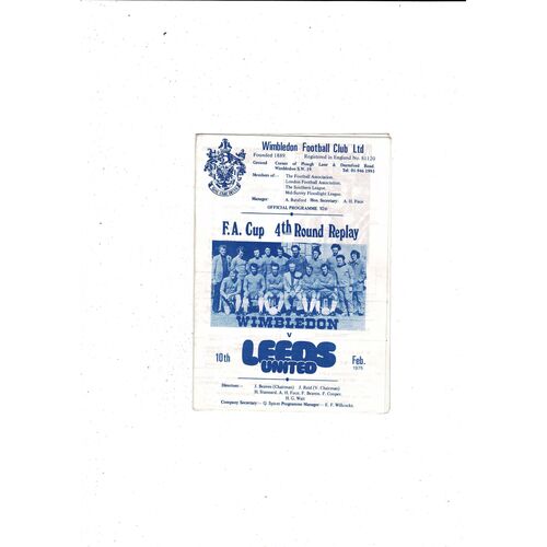 1974/75 Wimbledon v Leeds United FA Cup Replay Football Programme 10th February