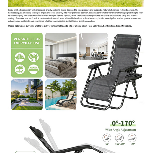 mcc direct Zero Gravity Reclining Chair Set of 1 – Folding Outdoor & Garden Chairs with Textilene Fabric, Cup Holder and Headrest Pillow – TEXTILENE