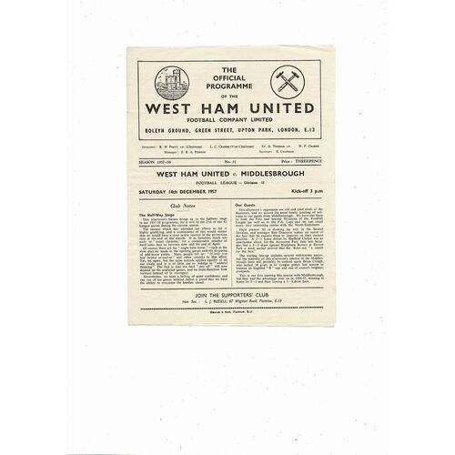 1957/58 West Ham United v Middlesbrough Football Programme