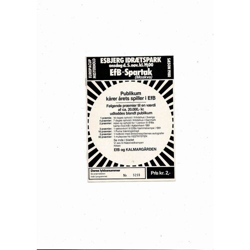 Esbjerg v Spartak Moscow European Cup Football Programme 1980/81