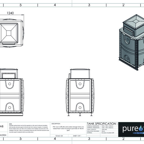 PW.1X1X1.5.IFB.AB - 1500 LITRE SECTIONAL WATER TANK, INTERNALLY FLANGED BASE (IFB) C/W FVH