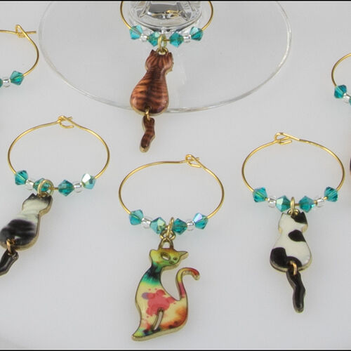 Set of Six Enamel Cat Wine Glass Charms with Moving Tails & Preciosa Crystals
