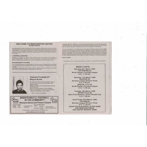 Brentford v Manchester United FA Youth Cup Football Programme 1988/89