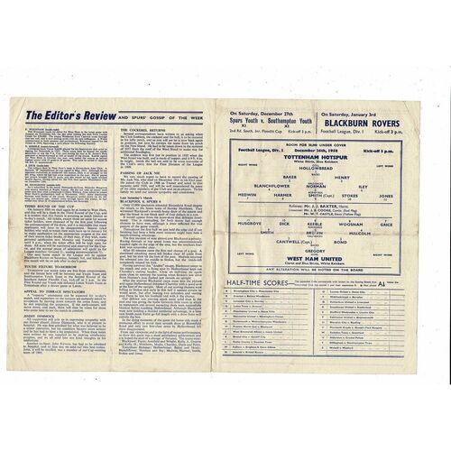 1958/59 Tottenham Hotspur v West Ham United Football Programme