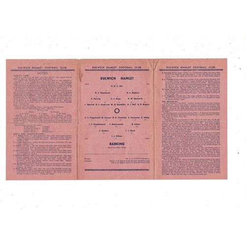 1938/39 Dulwich Hamlet v Barking London Senior Cup Football Programme