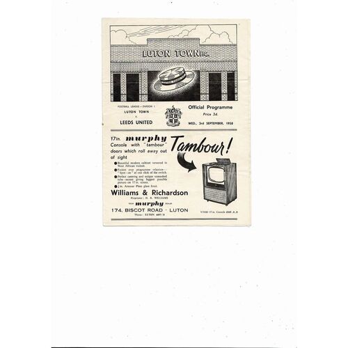 1958/59 Luton Town v Leeds United Football Programme