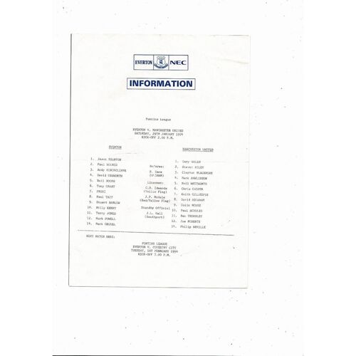 Everton v Manchester United Pontins League Football Programme 1993/94