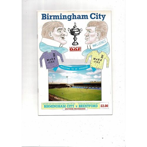 Birmingam City v Brentford Leyland DAF Cup Southern Area Final Football Programme 1990/91