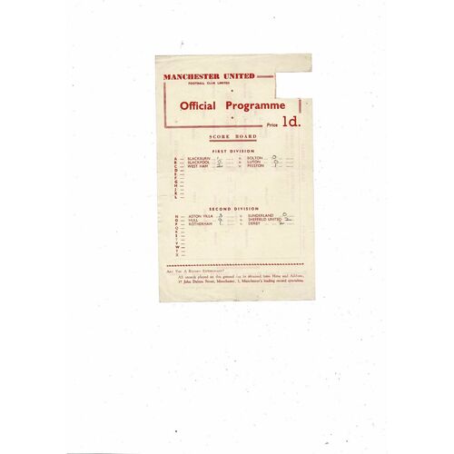 Manchester United v Barnsley Central League Football Programme 1959/60