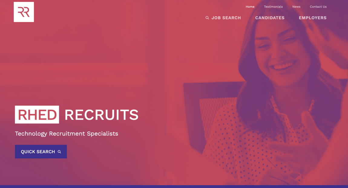 Webfactory demo recruitment website with a large image with clear text on top