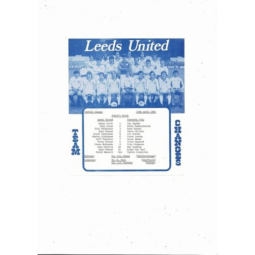 Leeds United v Coventry City Central League Football Programme 1980/81