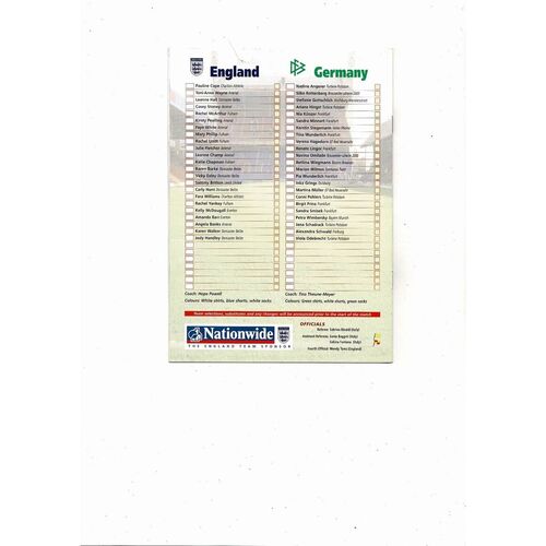 2002 England v Germany Women's International Football Programme + Ticket @ Crystal Palace