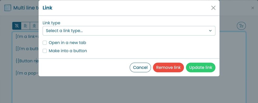 A screenshot showing the new link dialog box in Webfactory's Website Editor