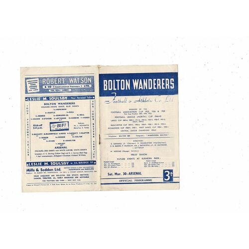 1956/57 Bolton Wanderers v Arsenal Football Programme