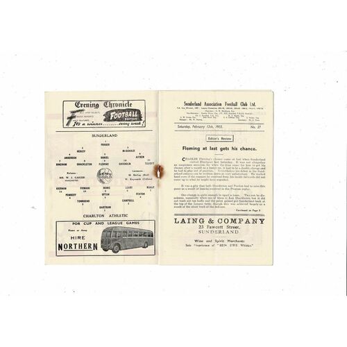 1954/55 Sunderland v Charlton Athletic Football Programme