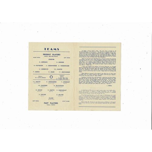 Brentford Present v Past X1 H Curtis Testimonial Fund Football Programme 1948/49