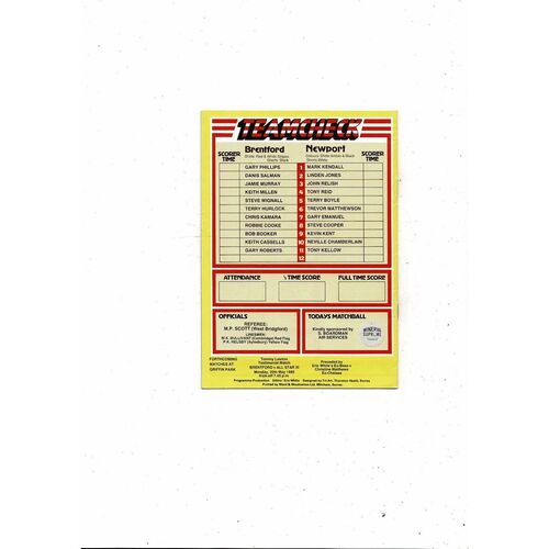 1984/85 Brentford v Newport County Football Programme