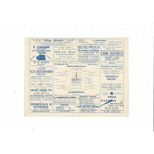 1958/59 Southall v Hendon Middlesex Senior Cup Football Programme