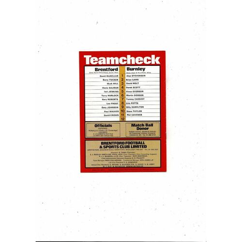 1980/81 Brentford v Burnley Football Programme