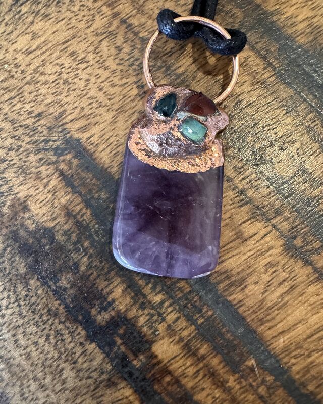 Auralite 23 and tourmaline, copper dipped pendant