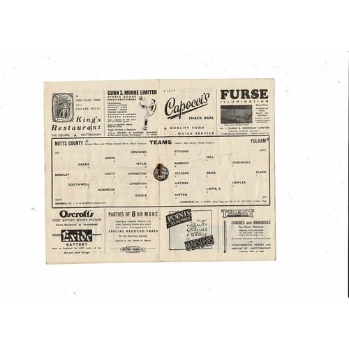1953/54 Notts County v Fulham Football Programme