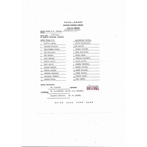 Aston Villa v Manchester United Reserves Football Programme 1992/93