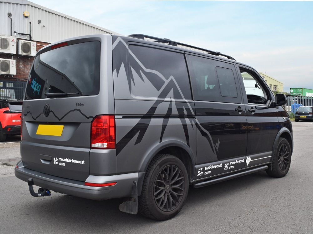 Rear end of Volkswagen Transporter with grey and black van wrap.