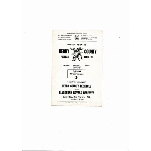 Derby County v Blackburn Rovers Central League Football Programme 1968/69