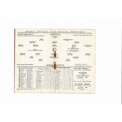1936/37 Arsenal v Derby County Football Programme