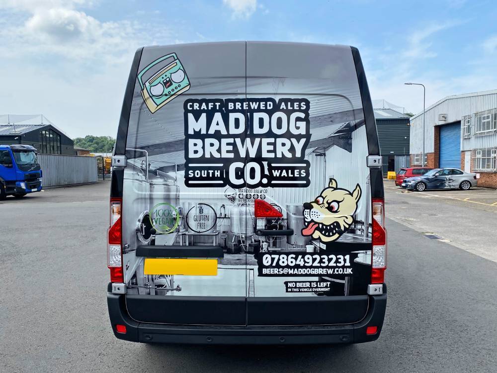 Mad Dog Brewery vehicle wrap on back of Vauxhall Movano van.