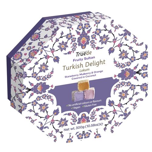 Truede Fruity Sultan Turkish Delight (Strawberry, Orange & Mulberry covered in Coconut) 300g