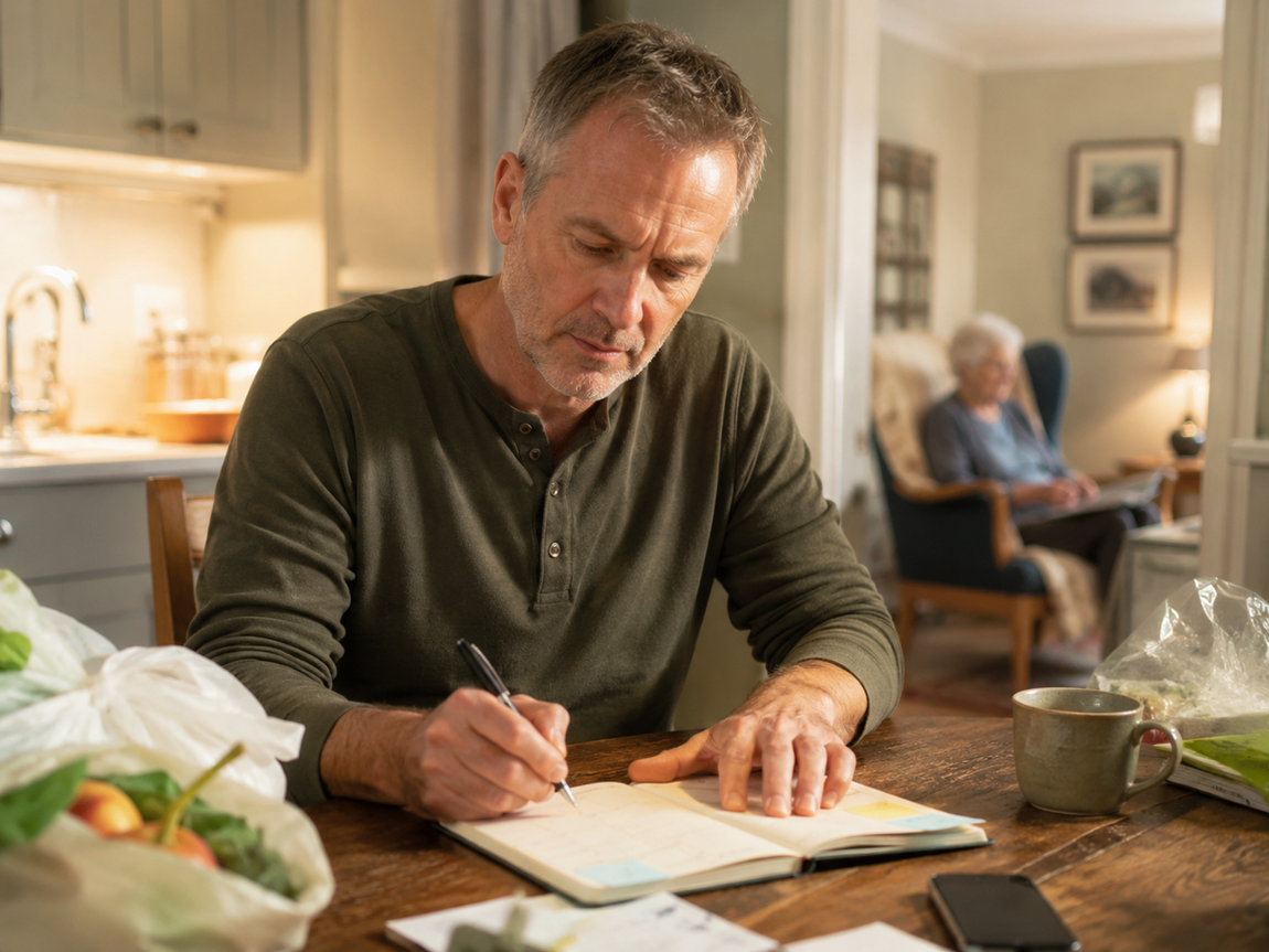Middle-aged man sitting at a kitchen table writing in a planner with groceries, papers and a mug nearby, while an older woman sits in the background.
