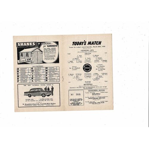 1958/59 Coventry City v Bradford Park Avenue Football Programme