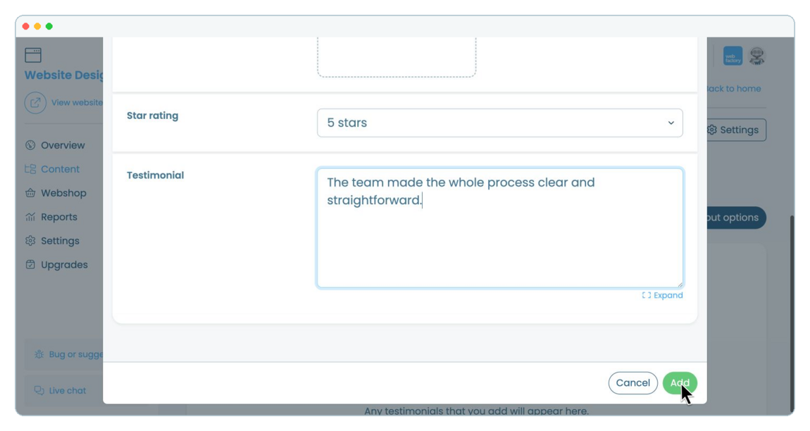 How to add and manage testimonials on a website page | Webfactory Support | Webfactory