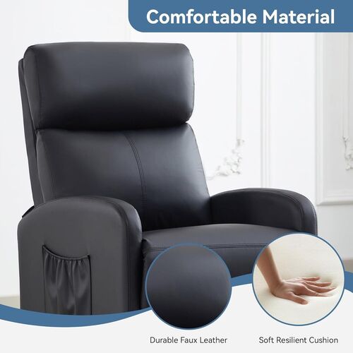mcc direct Push Back Recliner Chair, PU Leather Single Sofa with Lumbar Support, Padded Backrest, Side Pocket and Adjustable Leg Rest for Home Living Room Theatre (Shadow Black)