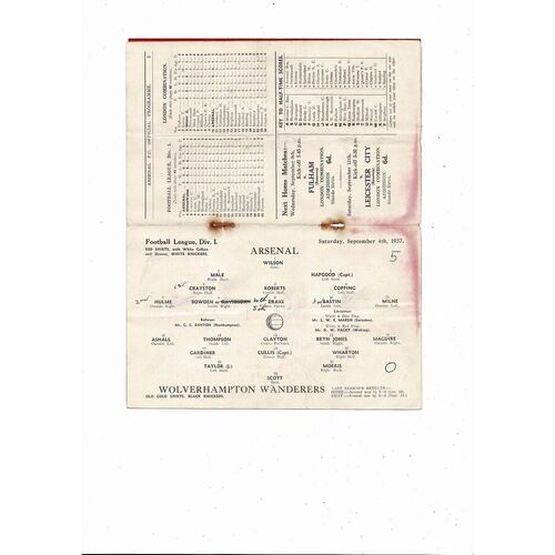1937/38 Arsenal v Wolves Football Programme